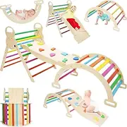 7in1 Rainbow Pikler Triangle Set Foldable Montessori Climber, Wooden Climbing Toys with Sliding Ramp&Arch Rocker for Kids,Climbing Indoor Playground Set for Toddlers