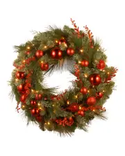 National Tree Company 24in Decorative Red Mixed Wreath with Battery Operated Warm White LED Lights
