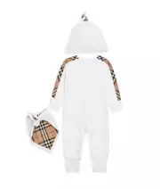 Burberry Claude Mini Check Panel Romper,Hat & Bib Set White 6M 80484071 NWT $300