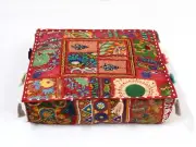 22" Indian Red Handmade Square Patchwork Home Decorative Floor Cushion Cover