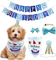Dog Birthday Bandana Hat Banner Set Dog Boy Girl Cute Bow Tie Scarf Birthday Party Supplies Decorations(Blue, Dog Boy)