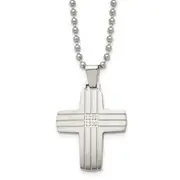 Stainless Steel Chisel Brushed And Polished With Cz Grooved Cross Pendant On A 22 Inch Ball Chain Necklace