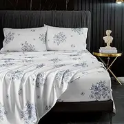 [HYPREST] Blue Floral Bed Sheets King Size, 18 inches Deep Pocket Sheets 1800 Thread Count, 4 Pieces Sheet Set Soft Breathable Farmhouse Sheets Shabby Chic Bed Sheets,Oeko-Tex Certificated