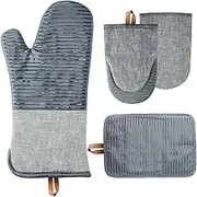 Oven Mitts and Pot Holders 4pcs Set, Non-Slip Cotton Oven Gloves and Potholder- Heat Resistant, Long Kitchen Mitt, Mini Oven Mitts, Pot Holder Set for Cooking Baking Grilling (Grey)