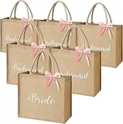 [Saintrygo] 6 Pack Bridesmaid Tote Bags Bridesmaid Gift Bags Jute Burlap Tote Bags with Handles Bride Bags Pink Ribbons for Wedding