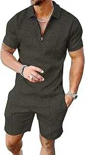 [Maiyifu-GJ] Men's Short Sleeve Polo Shirt 2 Piece Short Set 1/4 Zip Polo Shirts and Shorts Sets Summer Fashion Casual Outfits, Dark Green, Medium
