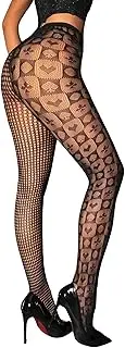[Aesphelia] Spade and Heart Poker Printed Fishnet Tights, Women's Mesh Stockings, Diamond Club Pattern Hollow out Leggings for Dresses Costume Pantyhose Black, Black, One Size