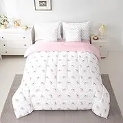 7 Pieces Pink Cartoon Bowknot Kids Comforter Set Full,Cute Bow Tie Knot Princess Girls Bedding Set,Geometric Dots Patchwork White Dreamy（Comforter+Fitted+Sheet+2 Pillowcases+2 Throw Pillow Covers）