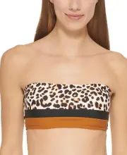 DKNY Women's Brown Leopard Print Colorblocked Bandeau Bikini Top - XL - Brown