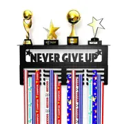 Never Give Up Medal Hanger Display with Shelf - Easy Install Carbon Steel Trophy and Medal Display Shelf,B Black