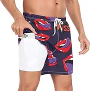 [GuoChe] Men's Swim Trunks Men 2 in 1 Workout Running Shorts Valentine's Day Lips Kisses Tongue Retro Purple with Compression, Valentine's Day Lips Kisses Tongue Retro Purple, Small