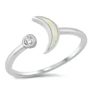 Crescent Moon Ring Sterling Silver 925 White Lab Opal Face Height 10 mm Size 8
