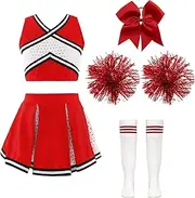 [Moggemol] Kids Girls Cheer Leader Costume Shiny Sequins Crop Top with Pleated Skirt Cheerleading Dance Outfits Sets