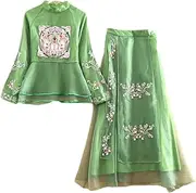 [Mkjuuior] Women's Clothing 2-Piece Set Vintage Embroidered Slim Shirt Top + Organza A-Line Skirt Set