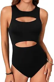 [LYANER] Women's Sleeveless Bodysuits Sexy Cut Out Front Body Suits Stretchy Tank Leotards Tops