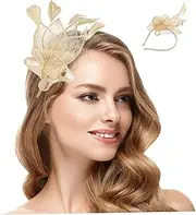 [AZIDWERYQ] Fascinator for Women Exquisite & Elegant Gold Flax Fascinator Hat Worn by Headband or Clip Average Size Hair Accessories for Tea Party, Banquet, Horse Racing Festival
