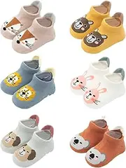 [volumoon] 6 Pairs of Baby Non-Slip Socks, Toddler Non-Slip Socks, Stopper Socks Children, Cotton Non-Slip Sock, Cartoon Animal Motifs, for Girls and Boys
