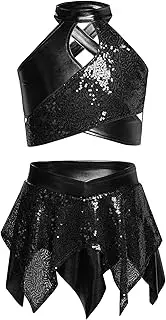 [Jugaoge] Girls Jazz Cheer Dance Performance Costume Sparkly Sequins Metallic Crop Top with Asymmetric Skirt Outfits