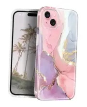 Compatible with iPhone 15 Case Gold Sparkle Glitter Marble Design Pink Purple