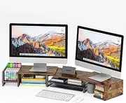 Dual Monitor Stand with Drawer, Desk Organizers and Accessories, Adjustable Length & Swivel Angle, 2-Tier Computer Monitor Stand for Computer, Laptop, PC, Brown
