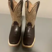 Boys Western Cowboy Boot - Broad Square Toe Brown And Tab Leather Size 10