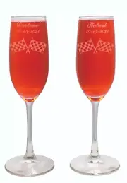 2 Personalized Engraved Checker Flag Toasting Champagne Wedding Flutes glasses