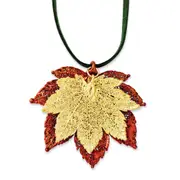 Fashion Iridescent Copper And 24K Gold Dipped Double Real Full Moon Maple Leaves 20 Inch Leather Cord Necklace