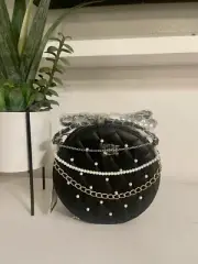 BADGLEY MISCHKA Crossbody Handbag Black Pearls Small Round 50s 80s Rock Mob Wife