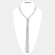 Silver Tone Metal Fringe Tassel Multi Link V Style Necklace Earring Set