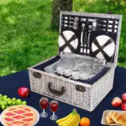 6 Person Alfresco Picnic Basket Set Cooler Bag Wicker PU Fastening Straps Plates