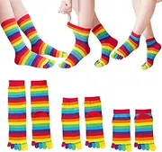 [Pursuestar] 3 Pairs Cotton Five Finger Socks Rainbow Stripe Toe Socks Athletic Casual Ankle Crew Calf High Split Socks for Women Girls, Rainbow Color, 6-12