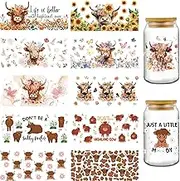 INCOK Rub on Transfers for Crafts - 12 Sheets Highland Cow Sunflower UV DTF Cup Wraps for 16 oz Glass, Brown Cattle Floral Libbey Cup Transfer Sticker Cute Creative Gifts for Cow Lovers