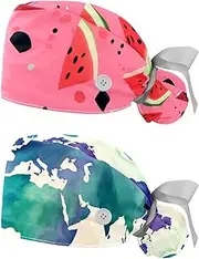 [YTYVAGT] 2-Pc,Nurse Scrub Caps,Scrub Hats with Buttons and Cotton Sweatband,Watermelon Pink Background