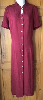 DEBENHAMS Soft Touch Red Floral Long Dress Button Front & Side Slits Size 18