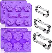 Set of 7,4 Packs Silicone Molds Puppy Dog Paw & Bone Shaped and 3 Packs Stainless Steel Bone Cookie Cutter,for Homemade Treats and Cat Animal Paw Dog Treats Ice Candy Chocolate Baking Mold(Purple)