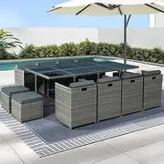 Gardeon Outdoor Dining Set 13pcs Rattan Wicker Lounge Setting Table and Chairs, Patio Conversation Sets Furniture Garden Aluminum, Bonus 3 Cushions Covers with Ottoman and Storage Cover