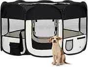 Foldable Dog Playpen with Carrying Bag - Black, 145x145x61 cm, Lightweight and Sturdy, Mesh Roof with Zipper, 8 Panel Portable Playpen with Convenient Storage, Steel Frame for Home and Travel Use