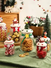 在飛比找松果購物優惠-北歐卡通造型玻璃密封罐 可愛零食收納 糖果儲物罐 聖誕伴手禮