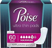 Poise Ultra Thin Incontinence Pads & Postpartum Incontinence Pads, 5 Drop Maximum Absorbency, Long Length, 60 Count