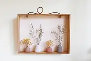 Wall Hanging Flower Vase Frame – Wooden Shadow Box with 4 Mini Ceramic Vases & Faux Dried Flowers | Perfect Wall Decor for Living Room, Entryway, or Bedroom | Vintage Botanical Style