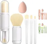 Travel Makeup Brush Set with case, 4 in 1 Mini Cute Makeup Brush Retractable Professional Foundation Blending Powder Eye Shadow Brush for Women Facial Cosmetics Makeup Brush Set(White)