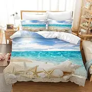 3D Sea Beach Conch Starfish Shell Quilt Cover Set Bedding Set with Pillowcases, Single/Double/Queen/King Size (Queen)