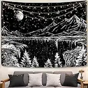Zussun Black and White Tapestry Starry Night Mountain Tapestries for Bedroom Aesthetic Moon and Stars Tapastry's Wall Hanging Dark Nature Forest Wall Tapestry for Living Room Dorm (48'' × 36'')