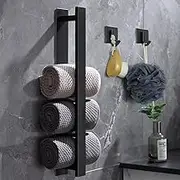Wall Mounted Towel Rail With 2 Hooks, 40cm Stainless Steel Black, Self Adhesive No Drilling, Matt Black Bathroom Accessories for Bathrooms/Kitchen
