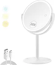 MIYADIVA Magnifying Makeup Mirror with 20X Mag & 3 Color Light, Adjustable Brightness & Double-Sided Switch