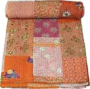 Patchwork Kantha Quilt, Cotton with Silk Vintage Kantha Gudri,Decorative Hand Stitch Bedspread, Throw Blanket Size (King 108" x 108")