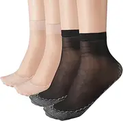 [ecdiykit] 10 Pairs Silky Nylon Socks, Women Thins Sheer Ankle Sock Soft Tight Hosiery with Reinforced Toe for Women Girls Thin Fashion Transparent Black Skin Color, Black, One Size