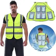 Cooling Safety Vest with 6 Ice Packs Reflective Vest with Pockets high visibility vest for Men Women(Fluorescent Green)