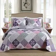 HoneiLife Quilt Set Queen Size - 3 Piece Microfiber Reversible Bedspreads Patchwork Coverlets Floral Bedding Set All Season Quilts with Geometric and Little Rose Print Pattern