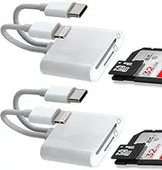 2 Pack USB C Micro SD/TF Card Reader for iPhone(2in1) Dual Card Slot Memory Dual Cable Dongle Camera Card Reader for Lightning/Type-C to SD/TF IPad for iPhone 16 15 14 Pro Max Samsung Tablet MacBook